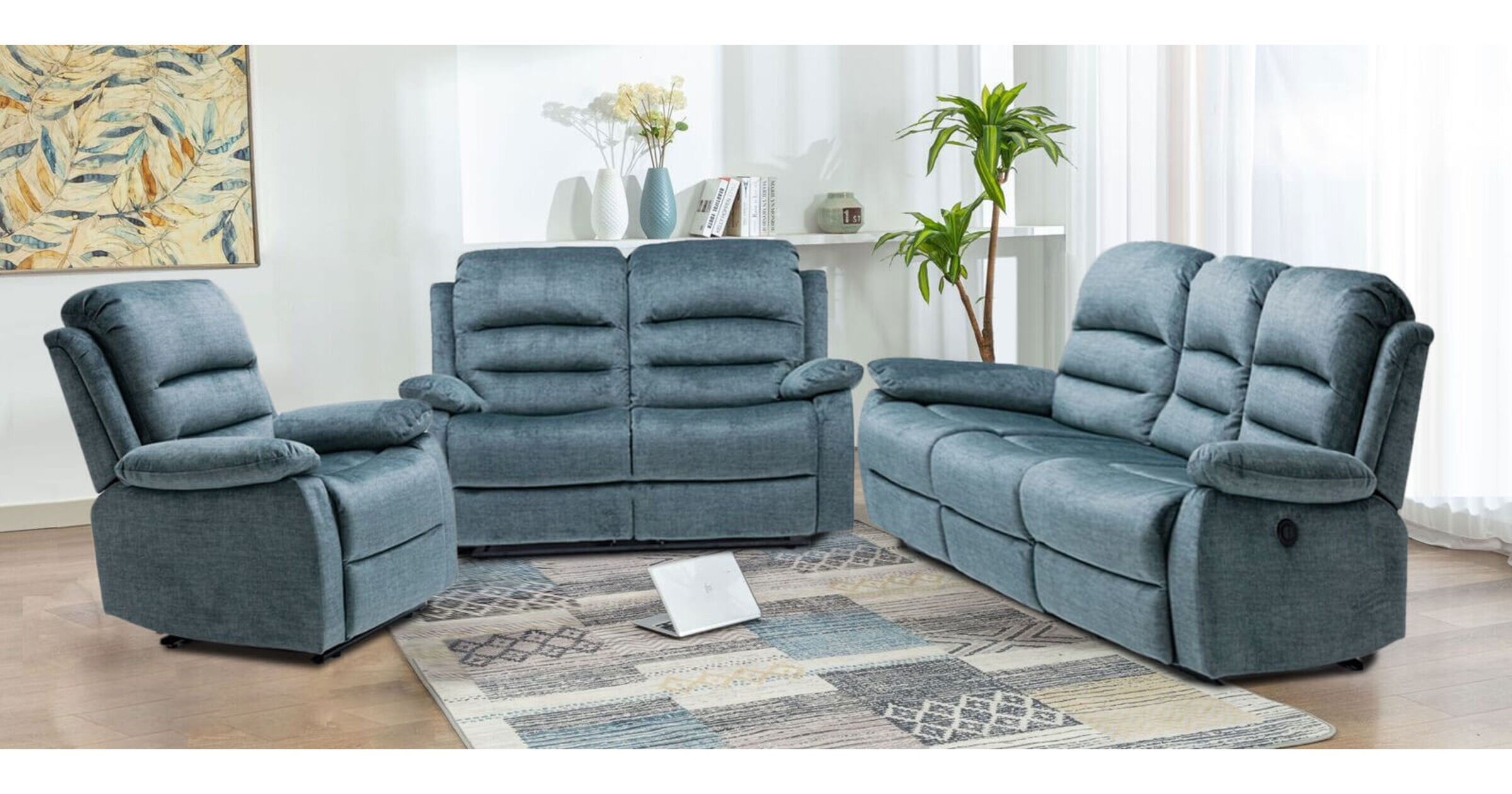 Kensley 3+2+1 Ocean Blue Fabric Recliner Sofa Suite