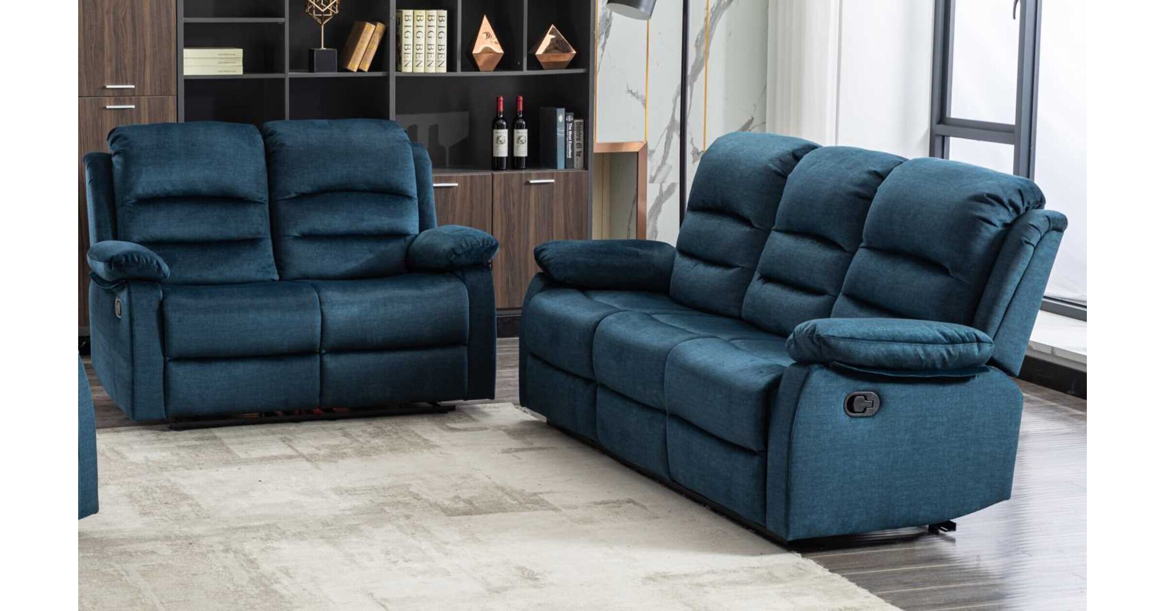 Kensley 3+2 Ocean Blue Fabric Recliner Sofa Suite Designer Sofas4u