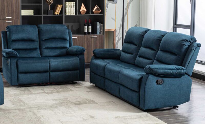 Product photograph of Kensley 3 2 Ocean Blue Fabric Recliner Sofa Suite from Designer Sofas 4U