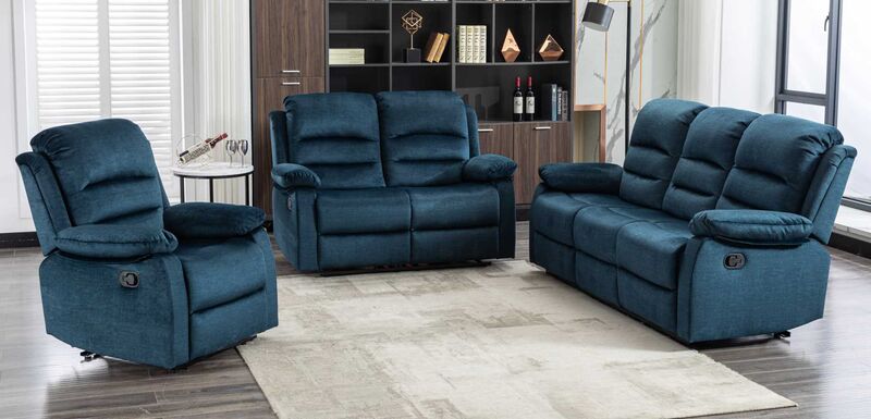 Product photograph of Kensley 3 2 1 Ocean Blue Fabric Recliner Sofa Suite from Designer Sofas 4U
