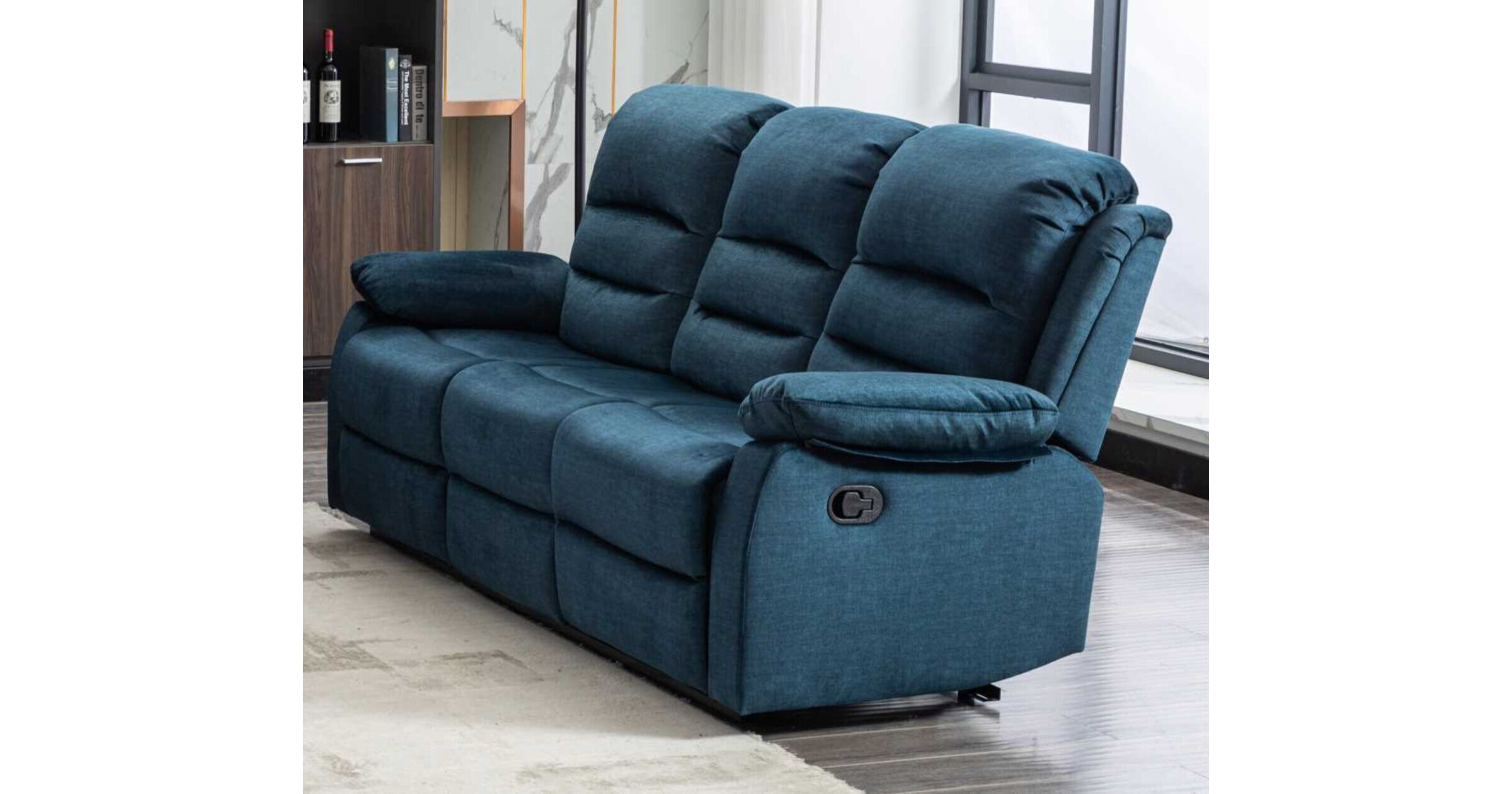 Kensley 3 Seater Ocean Blue Fabric Recliner Sofa Designer Sofas4u