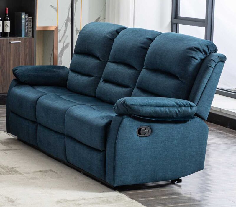 Product photograph of Kensley 3 Seater Ocean Blue Fabric Recliner Sofa from Designer Sofas 4U