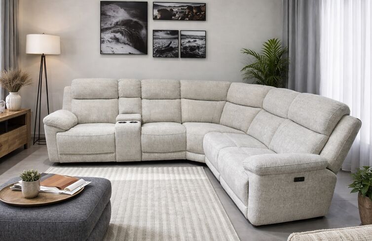 Leon Reclining Cream Fabric Corner Group Sofa - Power Reclining Sectional Sofa