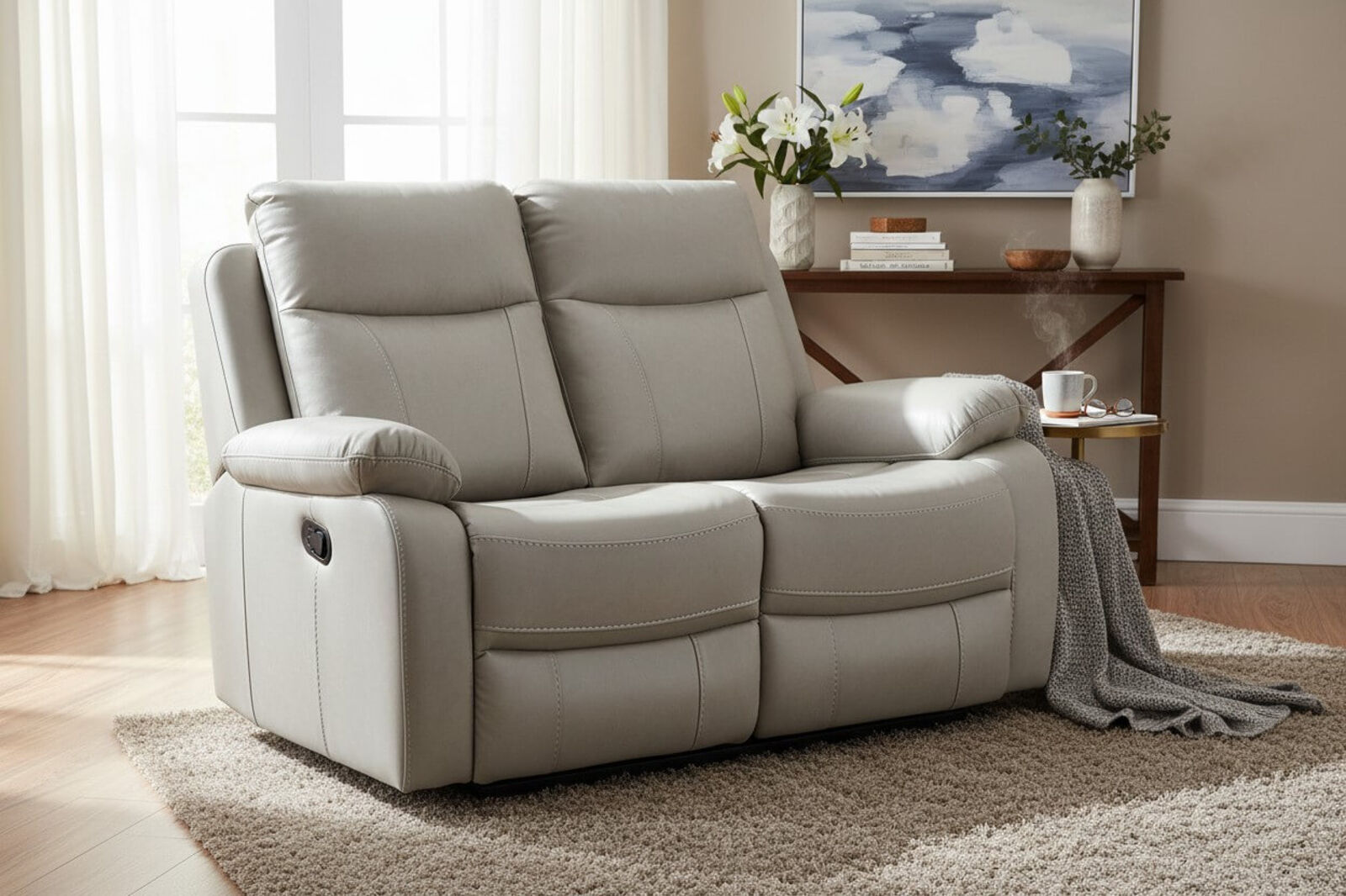Seattle Modern 2 Seater Reclining Sofa Beige Leather