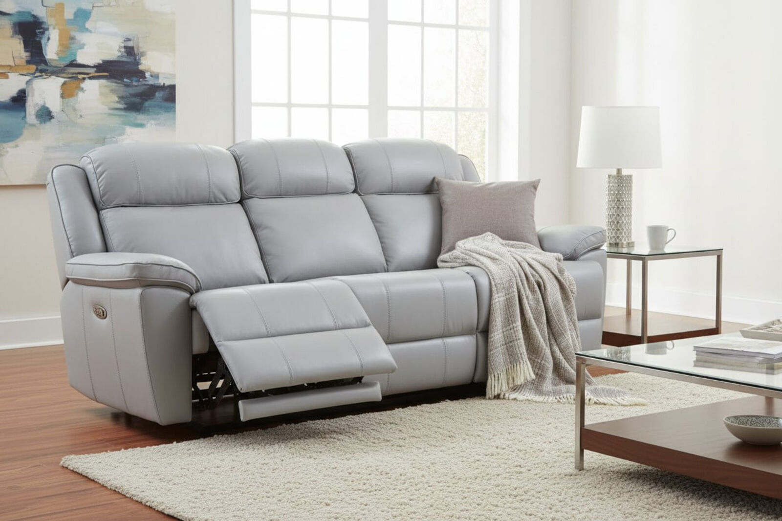 Voyager Modern 3 Seater Reclining Living Room Sofa Premium Grey Leather
