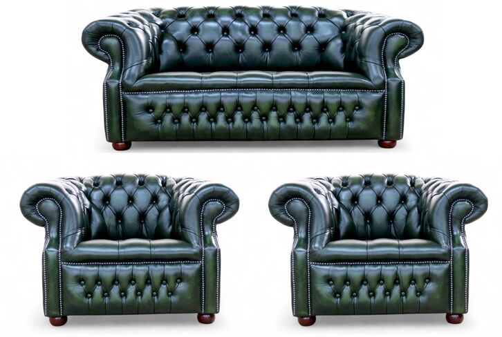 Alfred Chesterfield 2+1+1 Sofa Suite Antique Green Leather