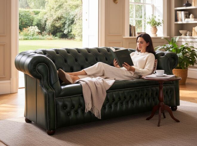 Alfred Chesterfield 3 Seater Sofa Antique Green Leather