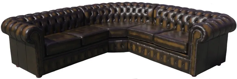 Chesterfield 2 Seater + Corner + 2 Seater Corner Sofa Unit Antique Brown Real Leather