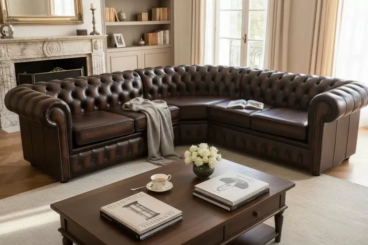 Chesterfield 2 Seater + Corner + 2 Seater Corner Sofa Unit Antique Brown Real Leather