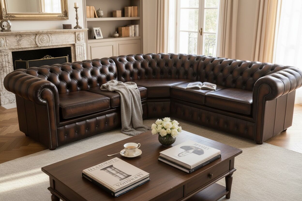 Brown leather Chesterfield corner sofa