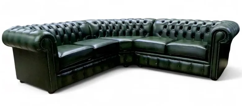 Chesterfield 2 Seater + Corner + 2 Seater Corner Sofa Unit Antique Green Leather