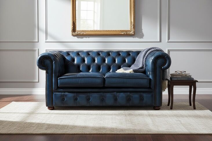 Chesterfield 2 Seater Antique Blue Leather Sofa Settee
