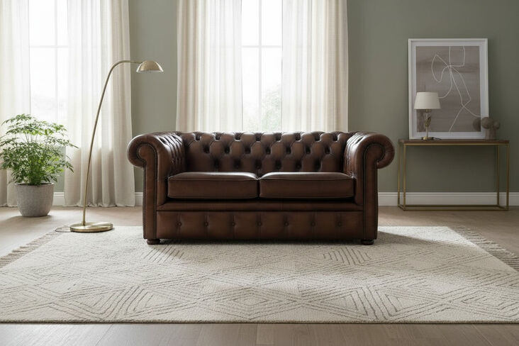 Chesterfield 2 Seater Antique Brown Leather Sofa Settee