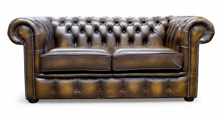 Chesterfield 2 Seater Antique Gold Leather Sofa Settee