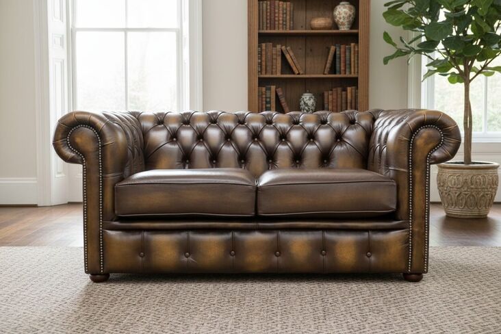 Chesterfield 2 Seater Antique Gold Leather Sofa Settee