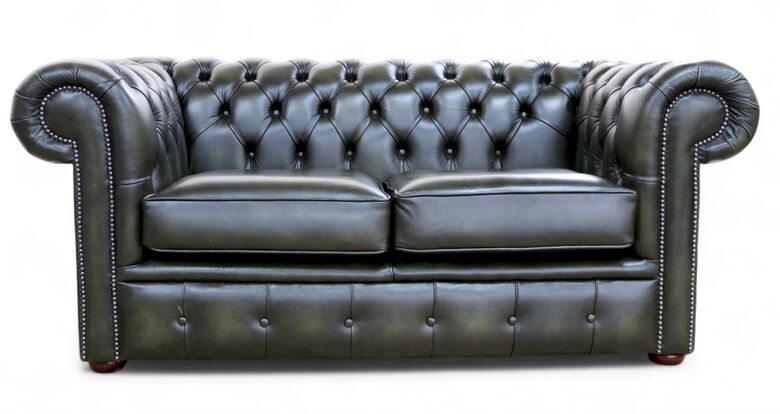 Chesterfield 2 Seater Antique Olive Leather Sofa Settee