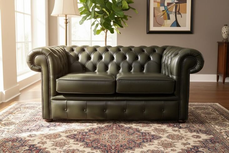Chesterfield 2 Seater Antique Olive Leather Sofa Settee