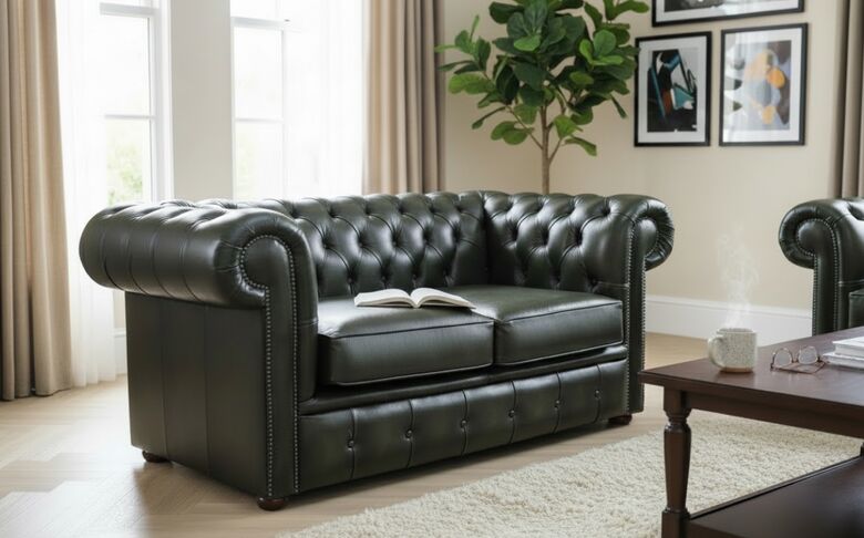 Chesterfield 2 Seater Antique Olive Leather Sofa Settee