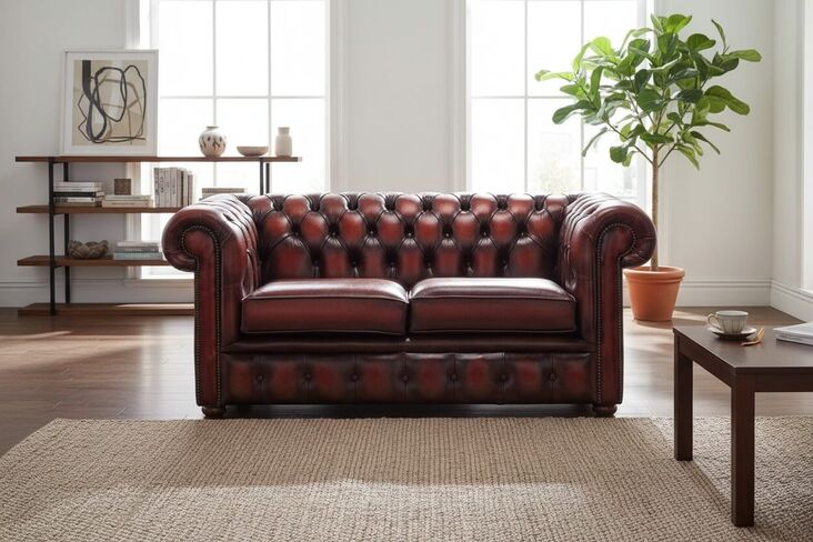 Chesterfield 2 Seater Antique Oxblood Leather Sofa Settee
