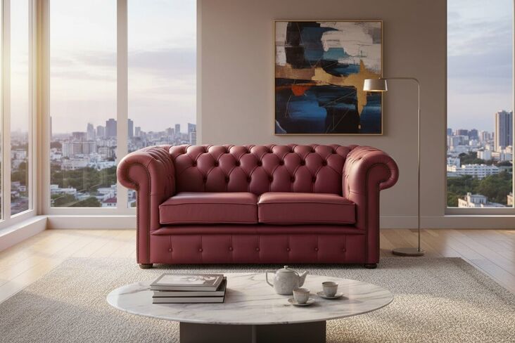 Chesterfield 2 Seater Burgandy Leather Sofa Settee