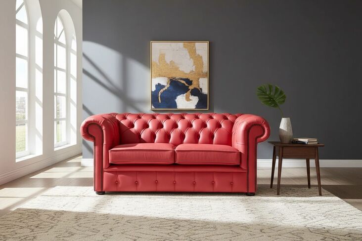 Chesterfield 2 Seater Crimson Leather Sofa Settee