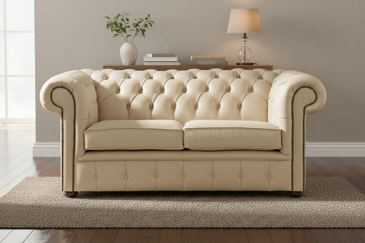 Chesterfield 2 Seater Dark Beige Leather Sofa Settee