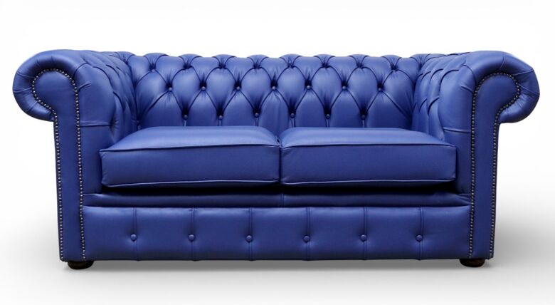 Chesterfield 2 Seater Shelly Bilberry Blue Leather Sofa Settee