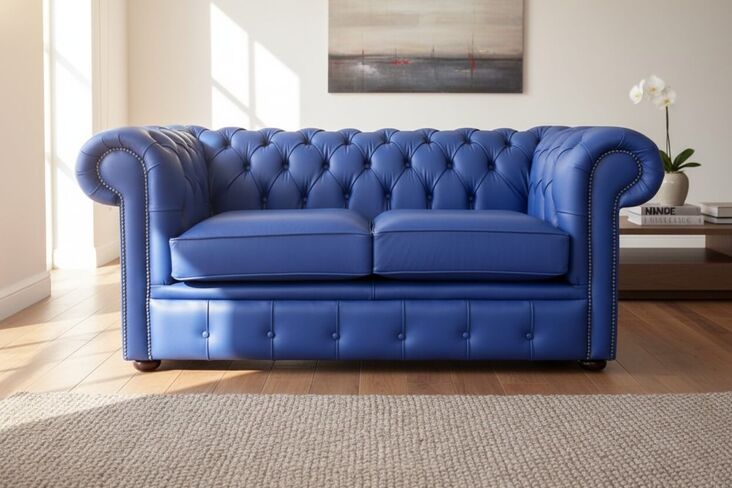 Chesterfield 2 Seater Shelly Bilberry Blue Leather Sofa Settee