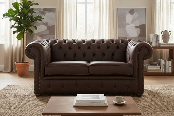 Chesterfield 2 Seater Shelly Dark Chocolate Leather Sofa Settee