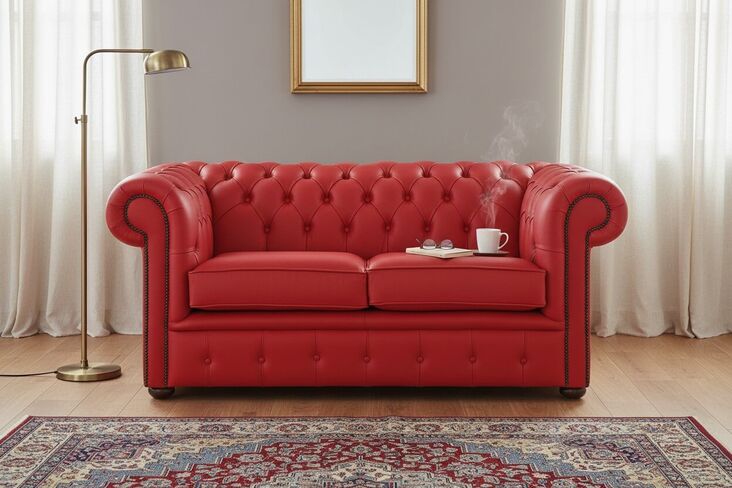 Chesterfield 2 Seater Shelly Flame Red Leather Sofa Settee