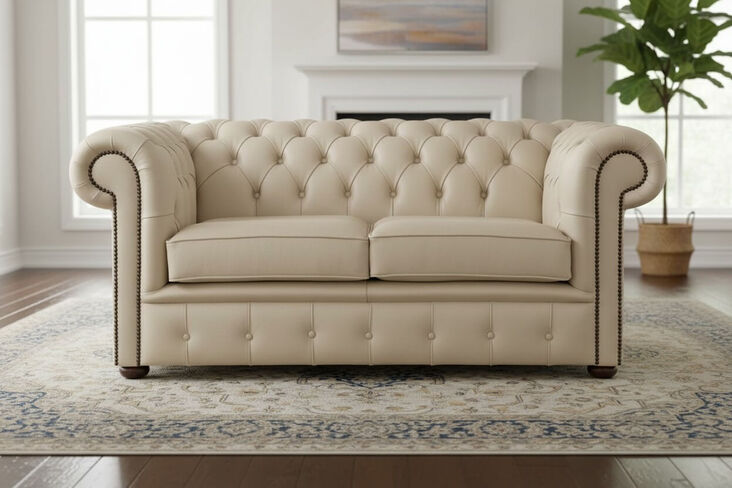 Chesterfield 2 Seater Shelly Ivory Leather Sofa Settee