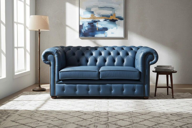 Chesterfield 2 Seater Shelly Majolica Blue Leather Sofa Settee