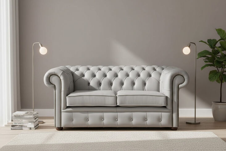 Chesterfield 2 Seater Shelly Moon Mist Leather Sofa Settee