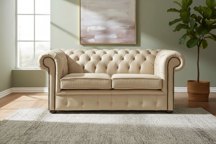 Chesterfield 2 Seater Shelly Panna Leather Sofa Settee