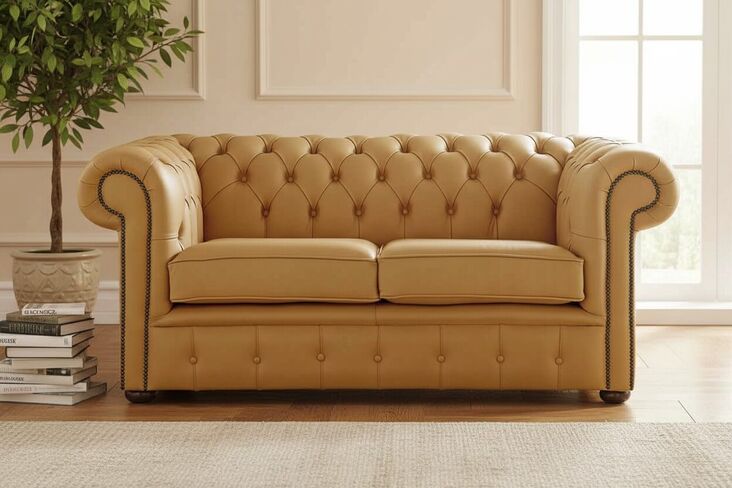 Chesterfield 2 Seater Shelly Parchment Leather Sofa Settee