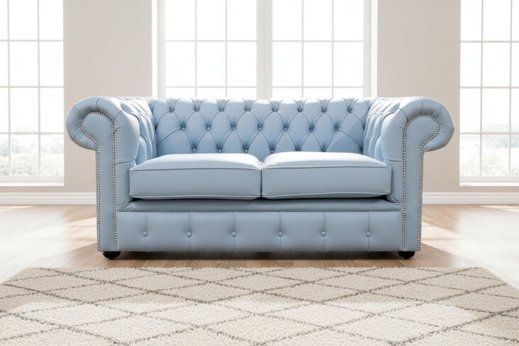 Chesterfield 2 Seater Shelly Parlour Blue Leather Sofa Settee