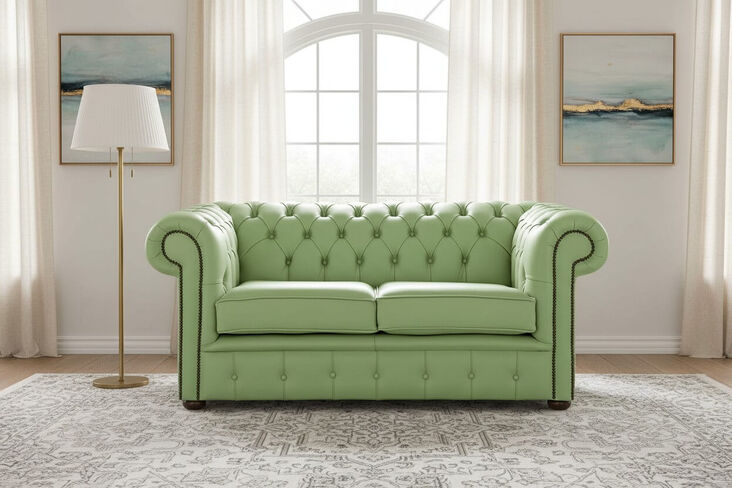 Chesterfield 2 Seater Shelly Pea Green Leather Sofa Settee