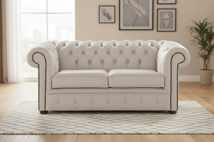 Chesterfield 2 Seater Shelly Rice Milk Leather Sofa Settee