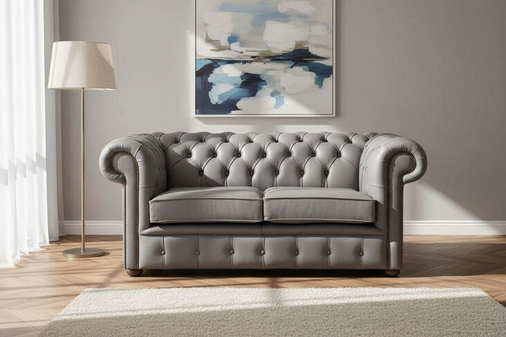 Chesterfield 2 Seater Shelly Silver Birch Leather Sofa Settee