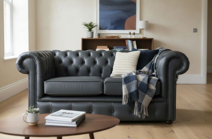 Chesterfield 2 Seater Shelly Steel Leather Sofa Settee