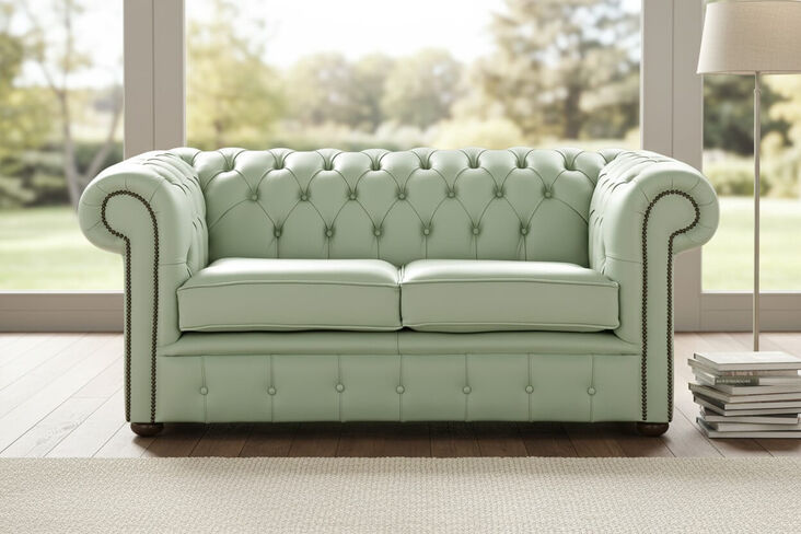 Chesterfield 2 Seater Shelly Thyme Green Leather Sofa Settee