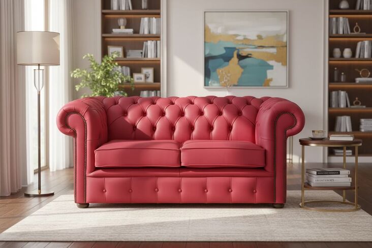 Chesterfield 2 Seater Shelly Velvet Red Leather Sofa Settee