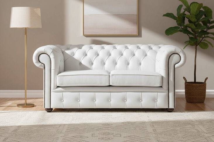 Chesterfield 2 Seater Shelly Winter White Leather Sofa Settee