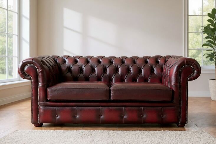 Chesterfield 2 Seater Sofa Antique Oxblood Real Leather