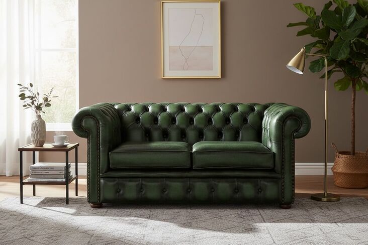 Chesterfield 2 Seater Sofa Settee Antique Green Real Leather