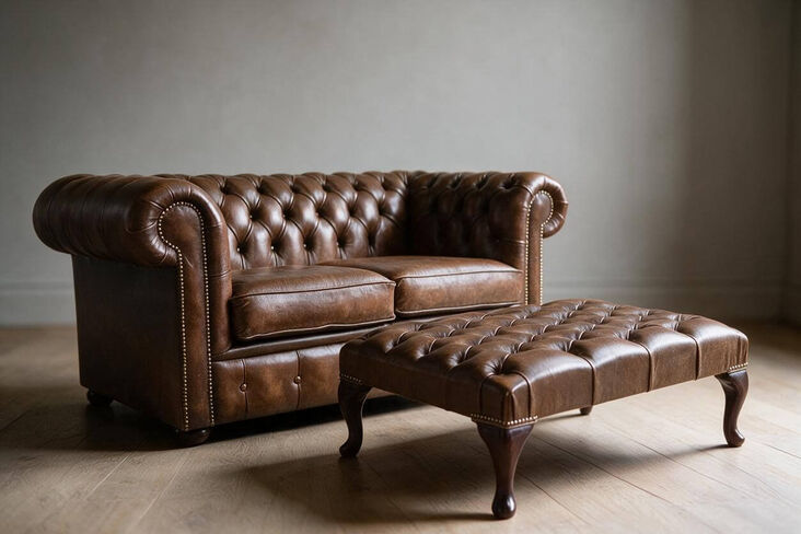 Chesterfield 2 Seater Sofa Settee in Antique Tan + Footstool