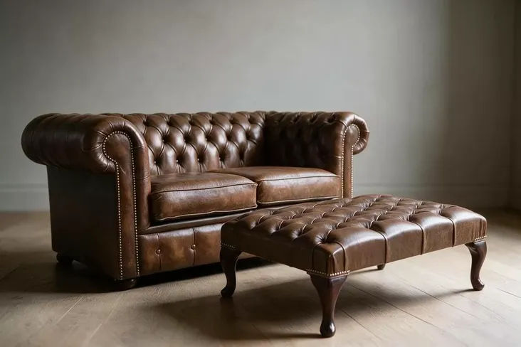 Chesterfield 2 Seater Sofa Settee in Antique Tan + Footstool