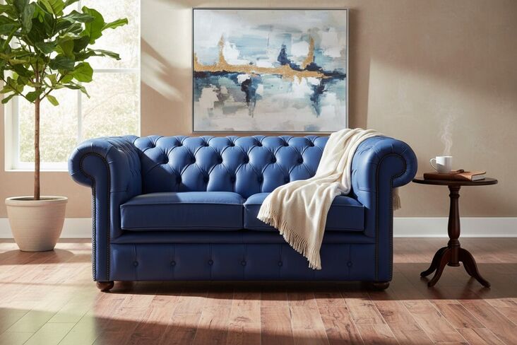 Chesterfield 2 Seater Sofa Settee Shelly Deep Ultramarine Blue Real Leather
