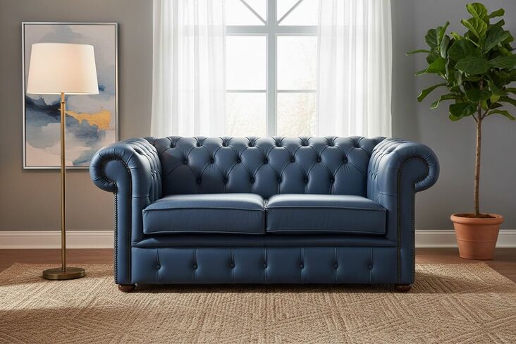 Chesterfield 2 Seater Sofa Settee Shelly Suffolk Blue Real Leather