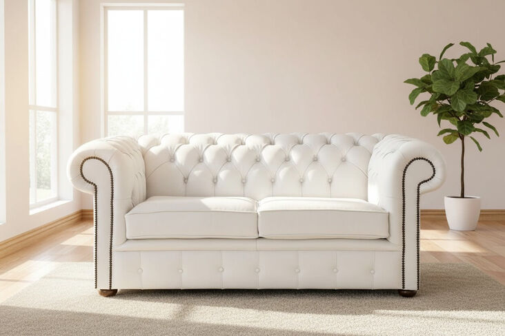 Chesterfield 2 Seater Sofa Settee Shelly White Real Leather